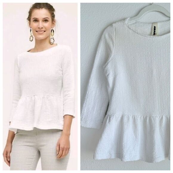 Anthropologie Women's Amadi Textured 3/4 Sleeve Peplum Top in White Size Small - Picture 1 of 13